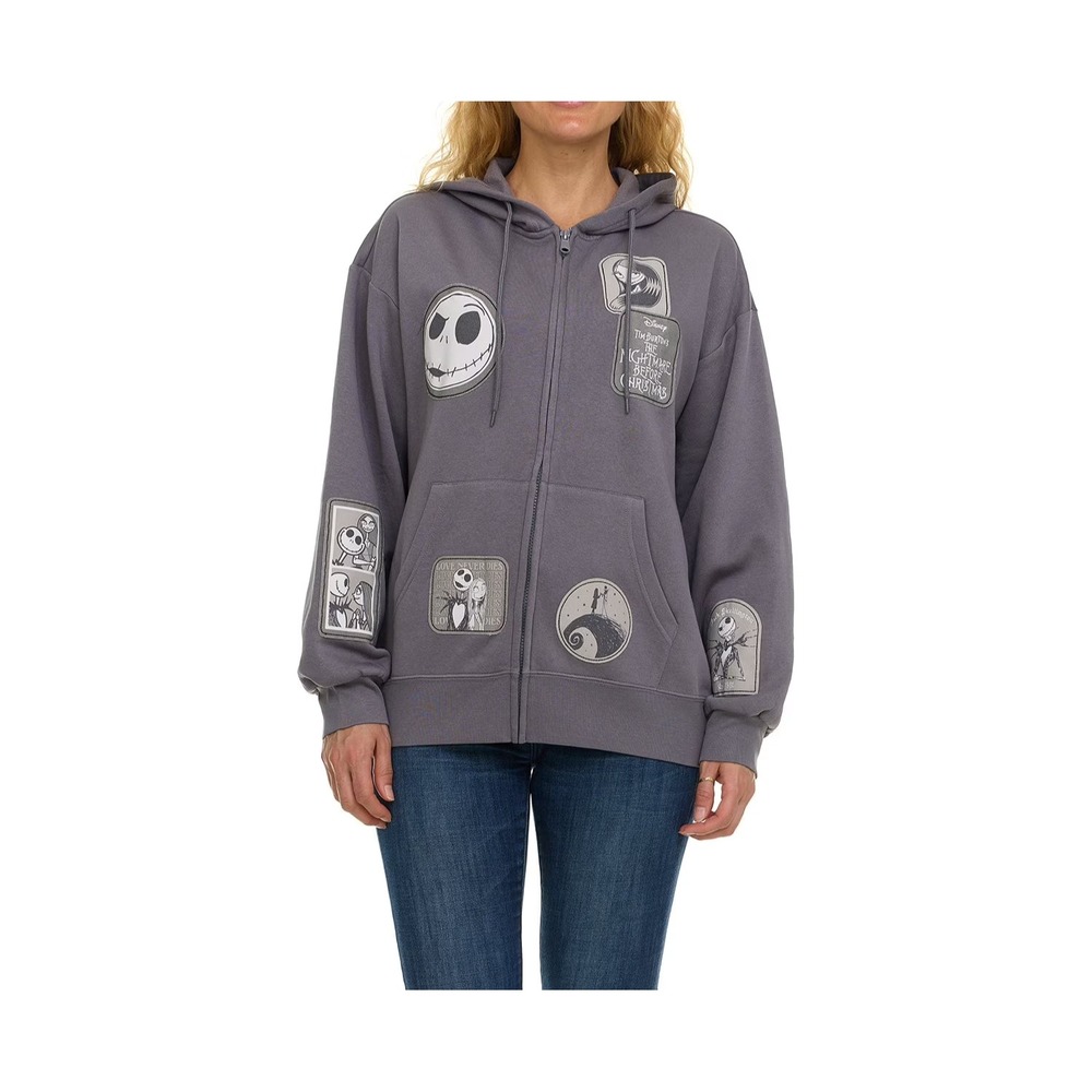 Disney Jack & Sally Nightmare Before Christmas Patch Zip Hoodie Gray Small